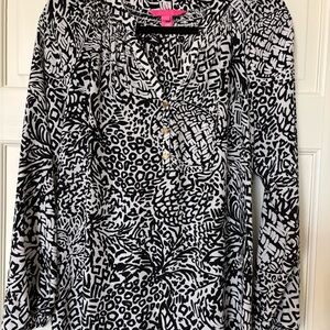 Lilly Pulitzer Silk Elsa Black & White Printed Long Sleeve Blouse